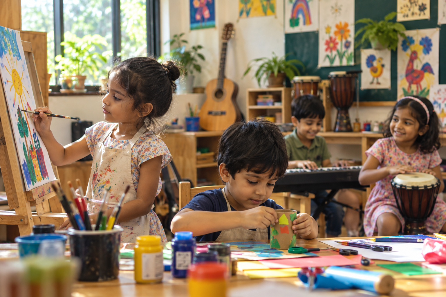 Art studio with children’s collaborative mural