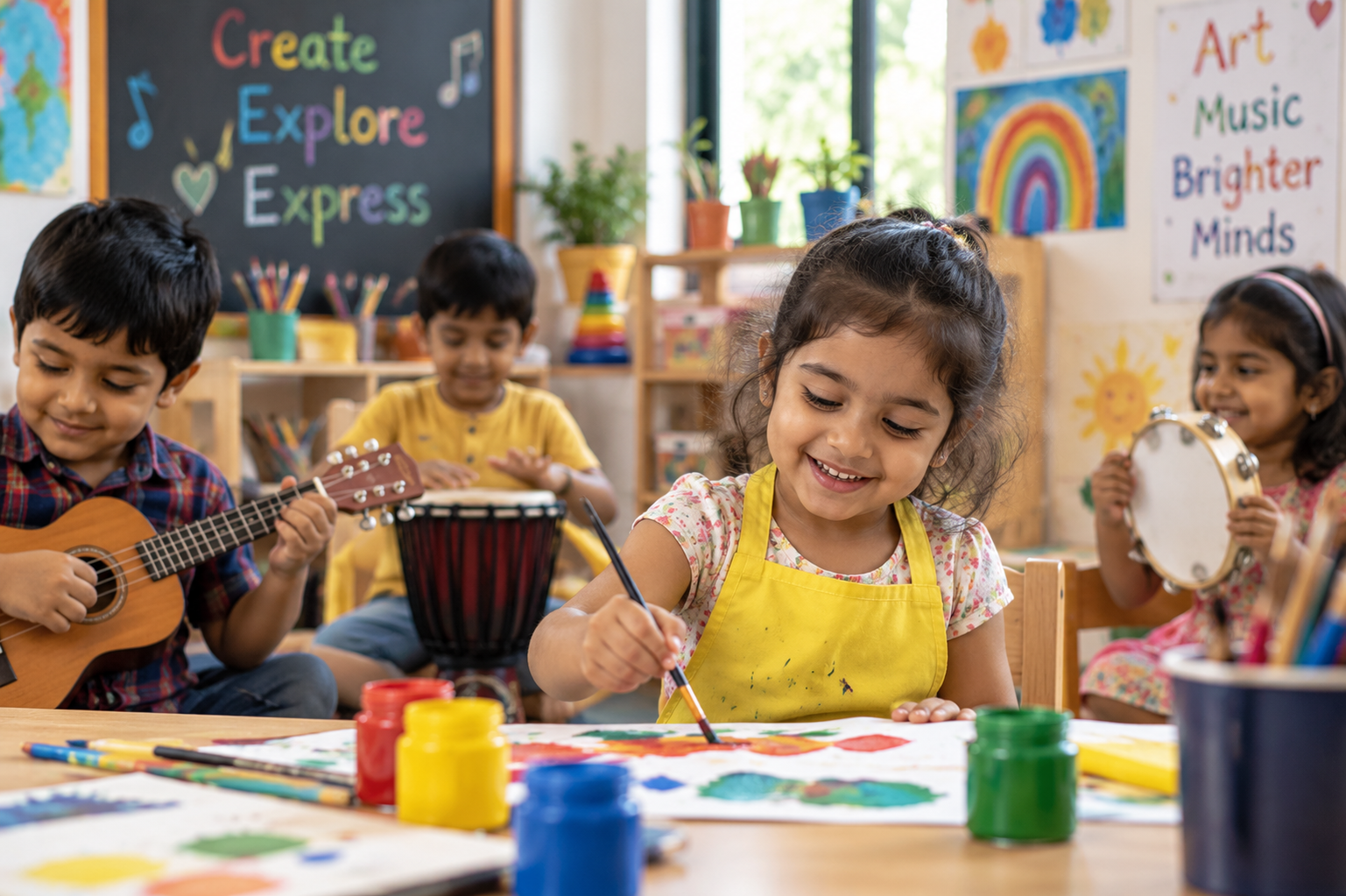 Learners painting and exploring musical instruments