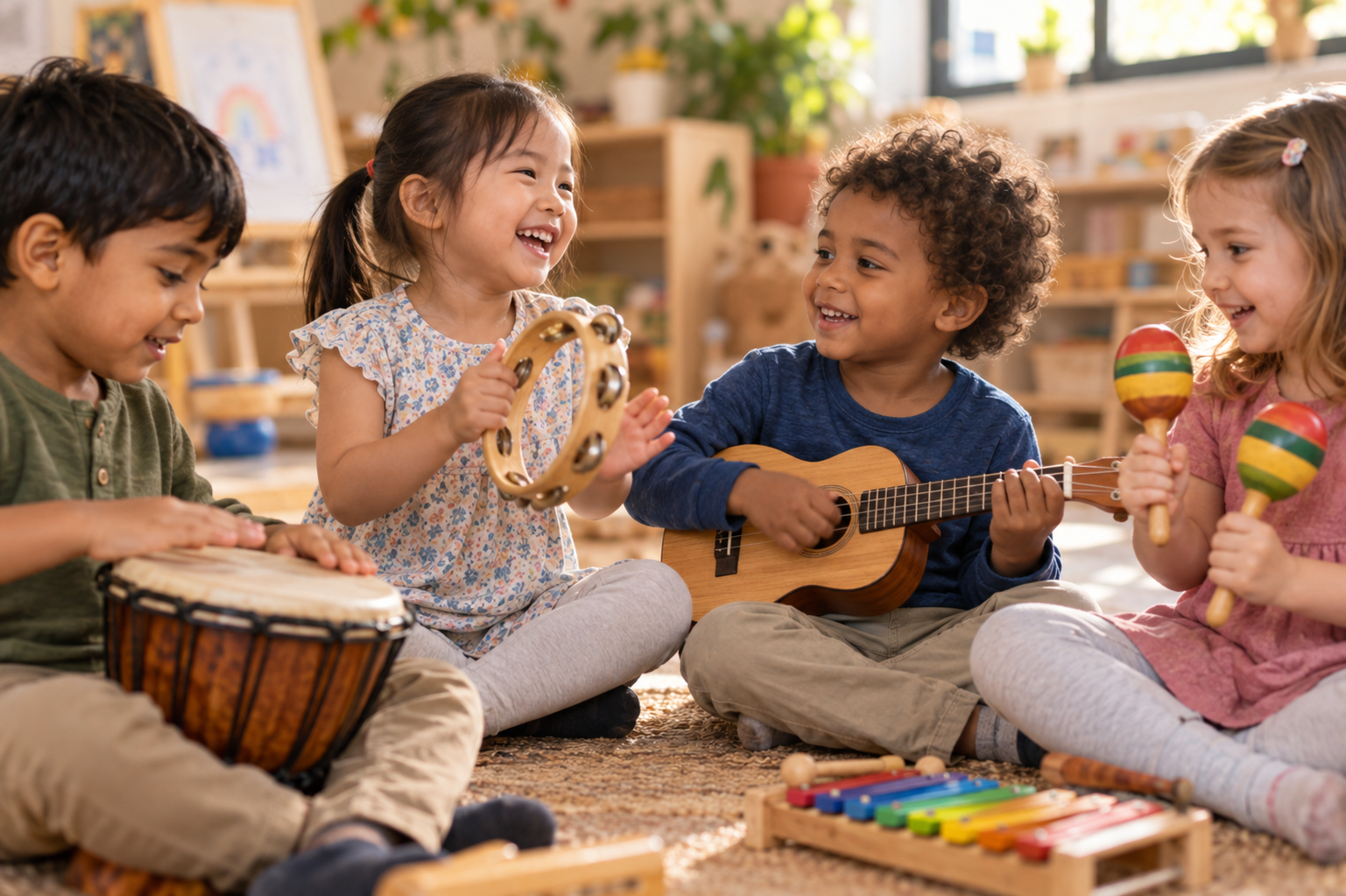 Two children collaborating on a building activity