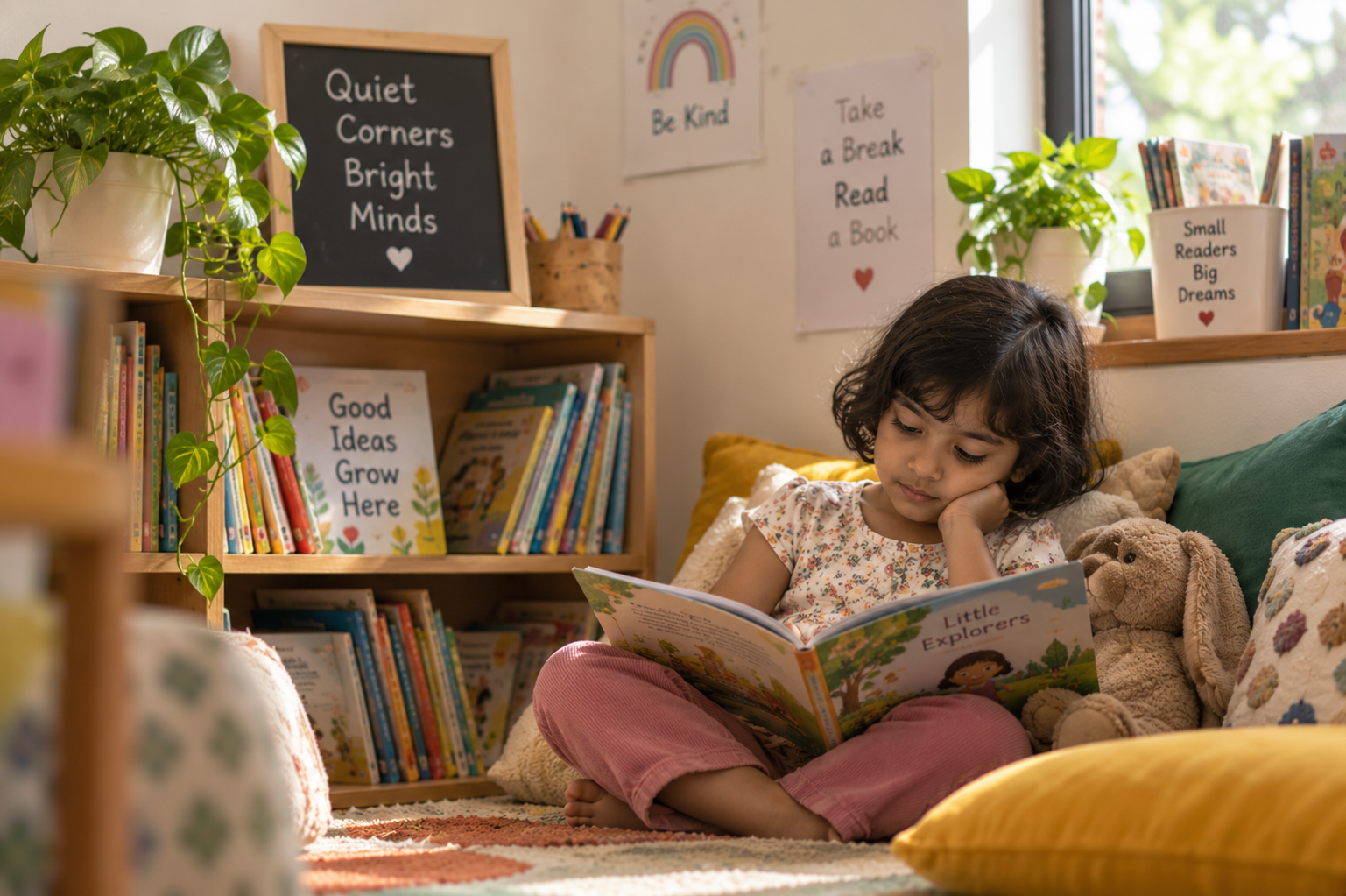 A soft sensory corner with cushions and soft light